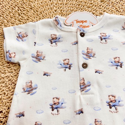 Macacão Curto Ursinho Aviador - Off White e Azul Bebê